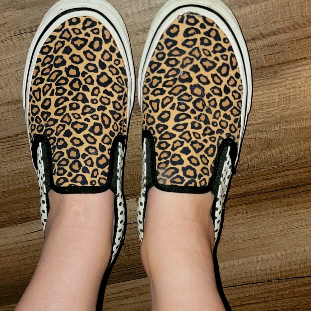 Leopard and polka dot slip on sneaks.